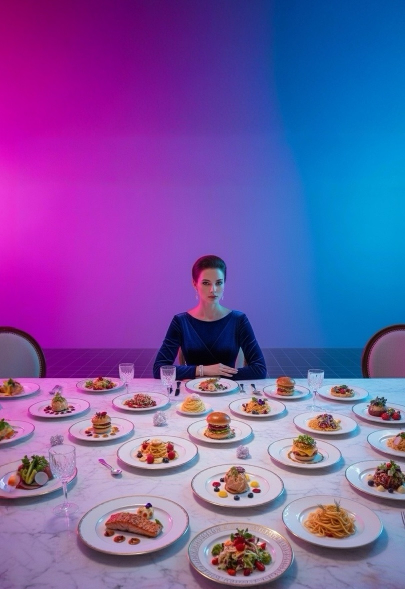 Creator seated at a table filled with plated dishes