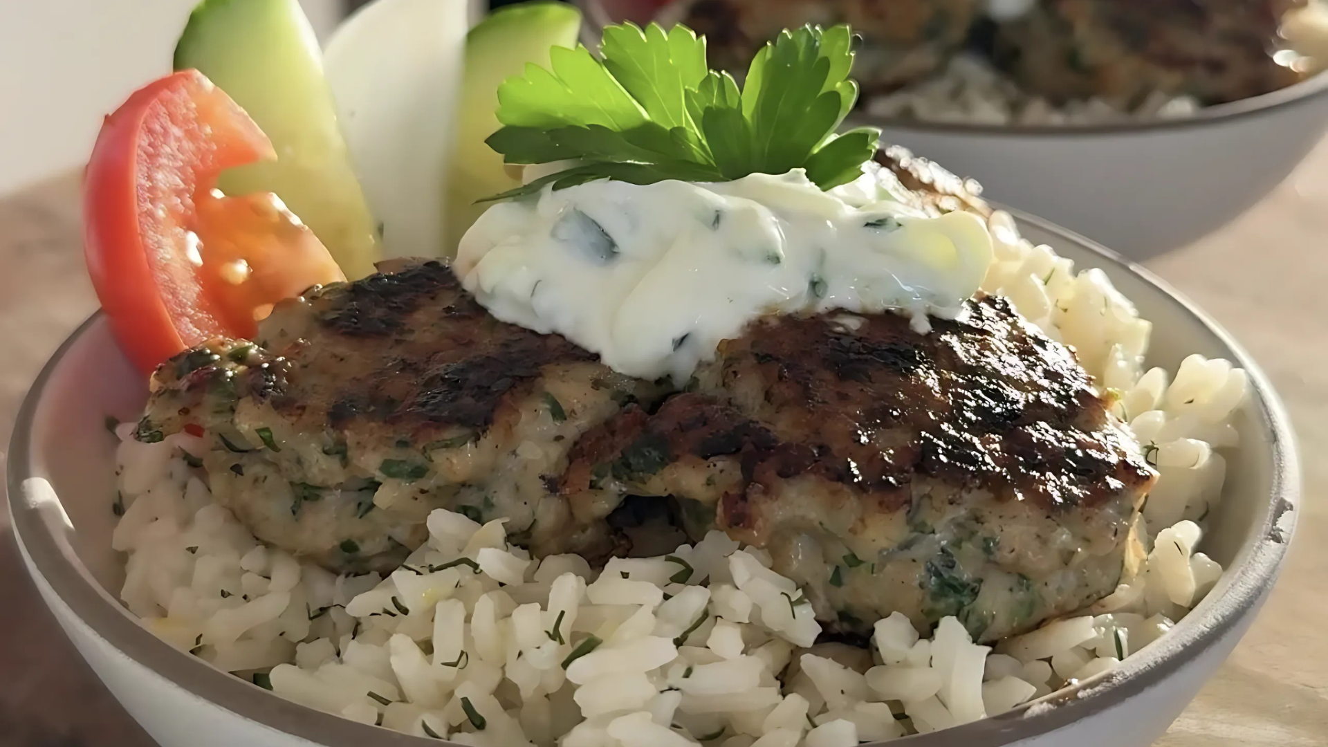Chicken Kofta with Tzatziki and Lemon Dill Rice