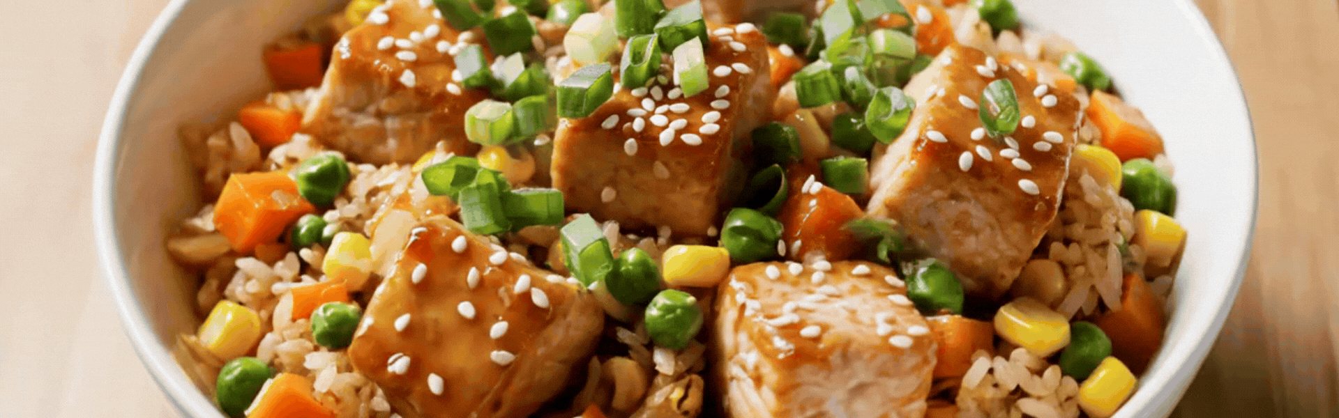 Animated GIF of Garlic Soy Glazed Salmon Fried Rice