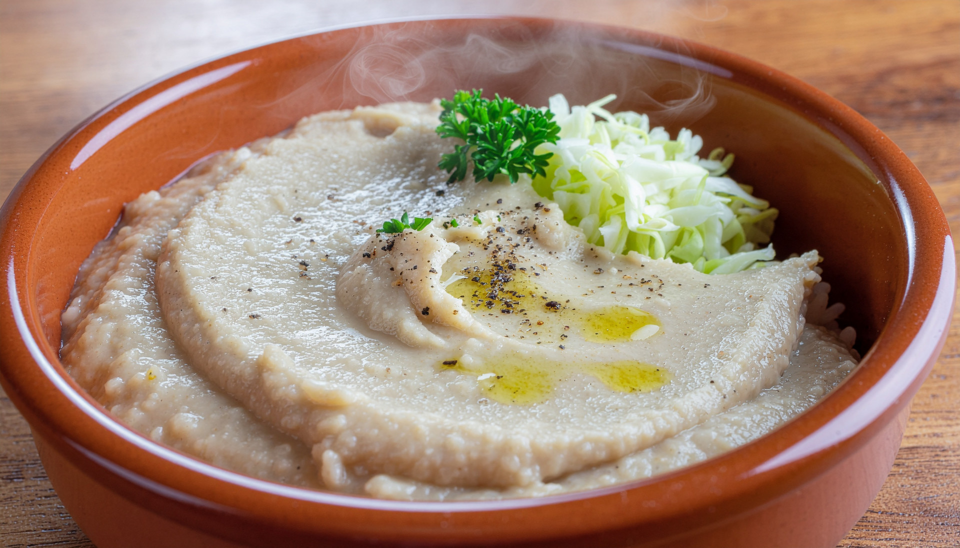 Creamy White Bean Mash Bowl - Mashed white beans served over rice with cabbage
