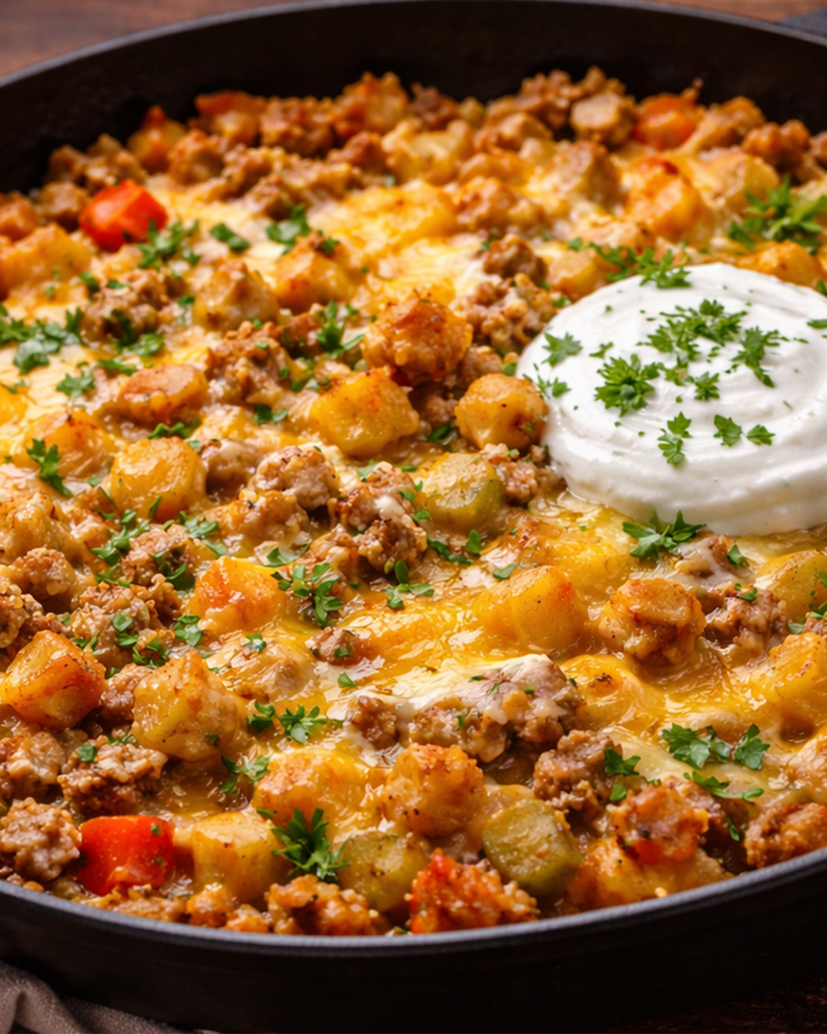 Cheesy Turkey Crispy Potato Skillet