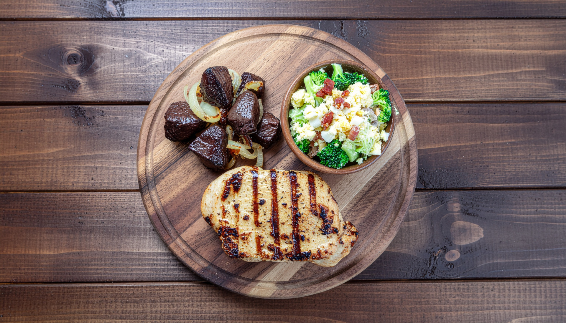 Grilled Chicken Livers, Chicken Thigh, and Broccoli Bacon Egg Salad