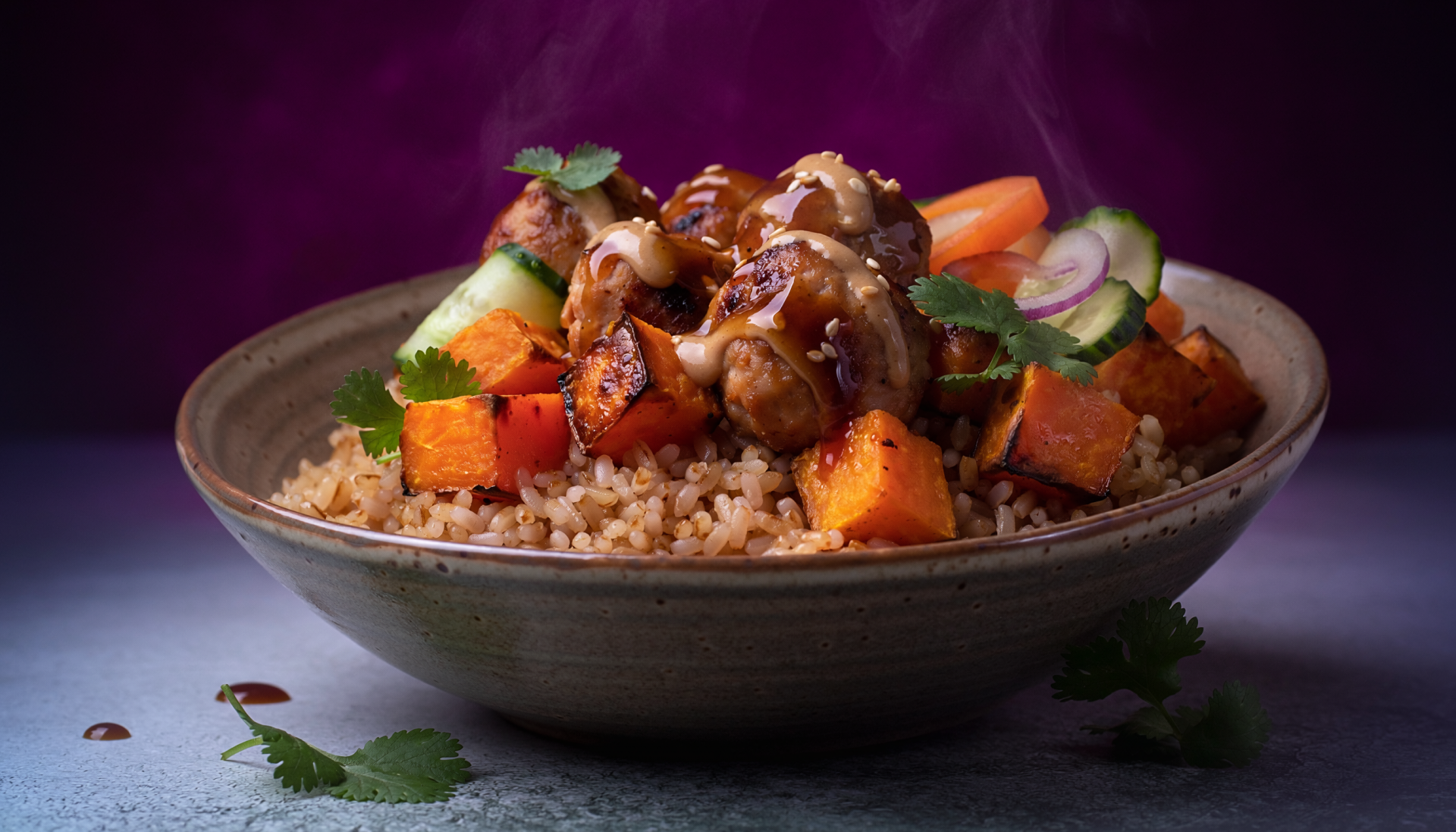 Chicken Meatball Bowls with peanut sauce and pickled vegetables