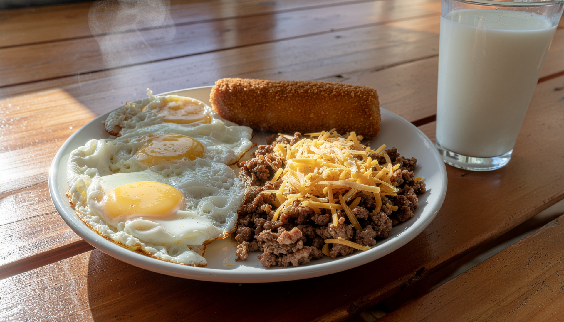 Complete high‑fat carnivore breakfast with eggs, ground beef, cheddar, butter steak, and kefir