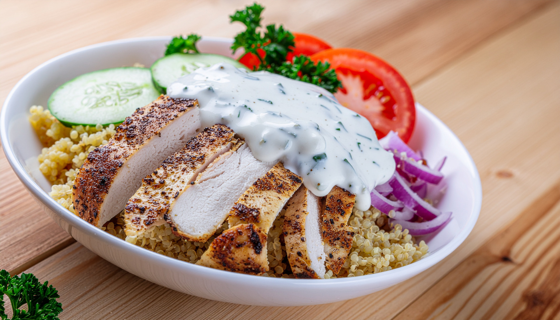 Mediterranean Chicken Gyro Power Bowl with Tzatziki