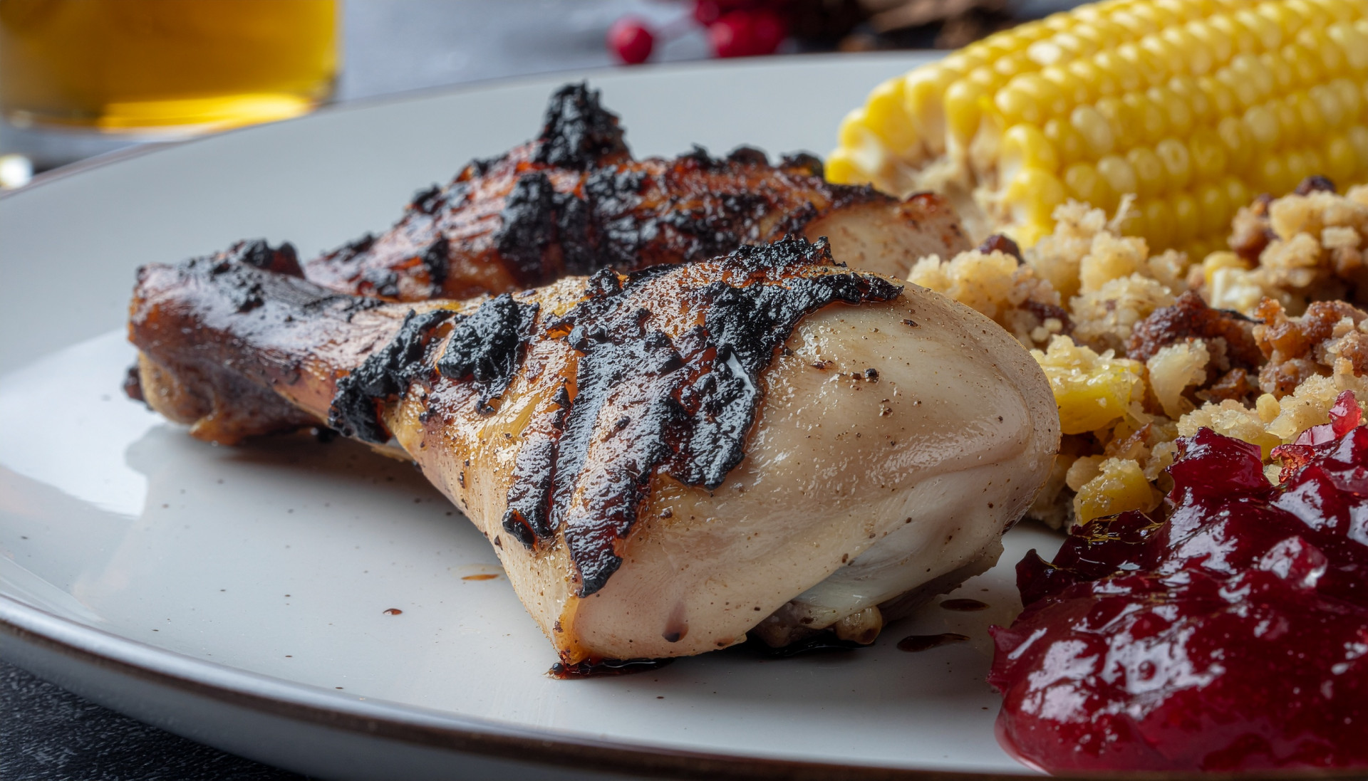 Mesquite Chicken, Stuffing, Cranberry Sauce and Corn