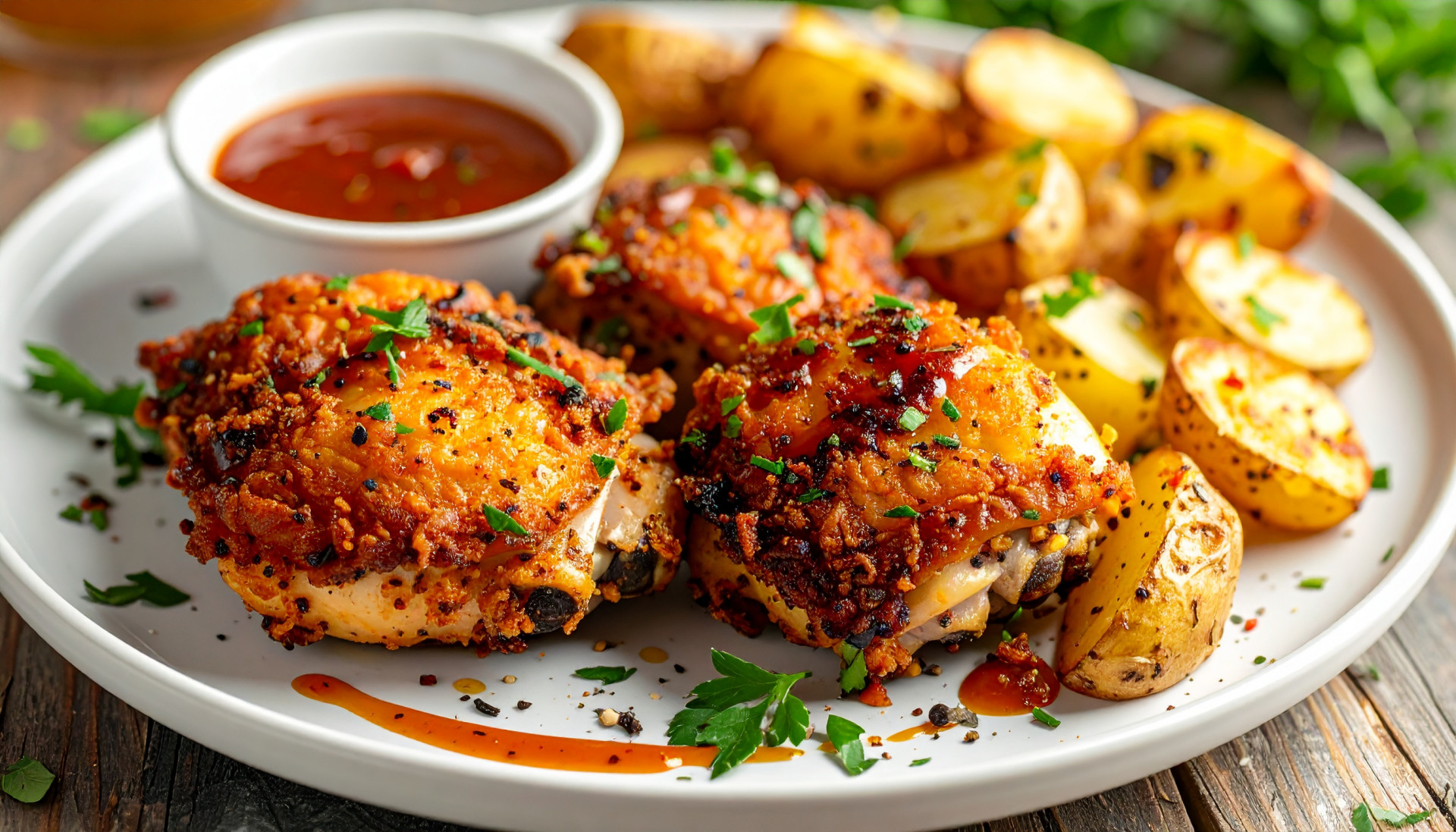 Crispy Chicken Thighs Roasted Potatoes Secret Sauce