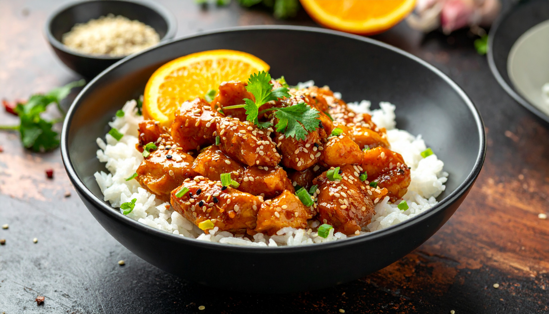 Sticky Orange Chicken Rice Bowl