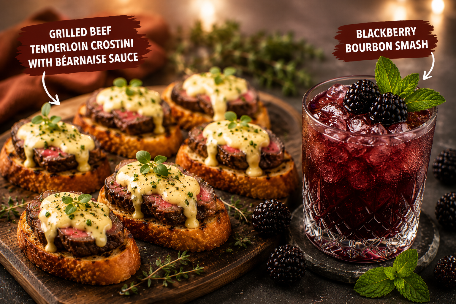 Grilled Beef Tenderloin Crostini with B&eacute;arnaise Sauce paired with a Blackberry Bourbon Smash