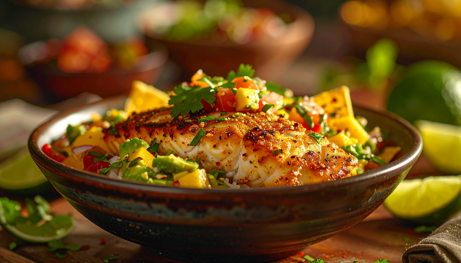 Crispy Chili Lime Fish Taco Bowls with Mango Avocado Salsa