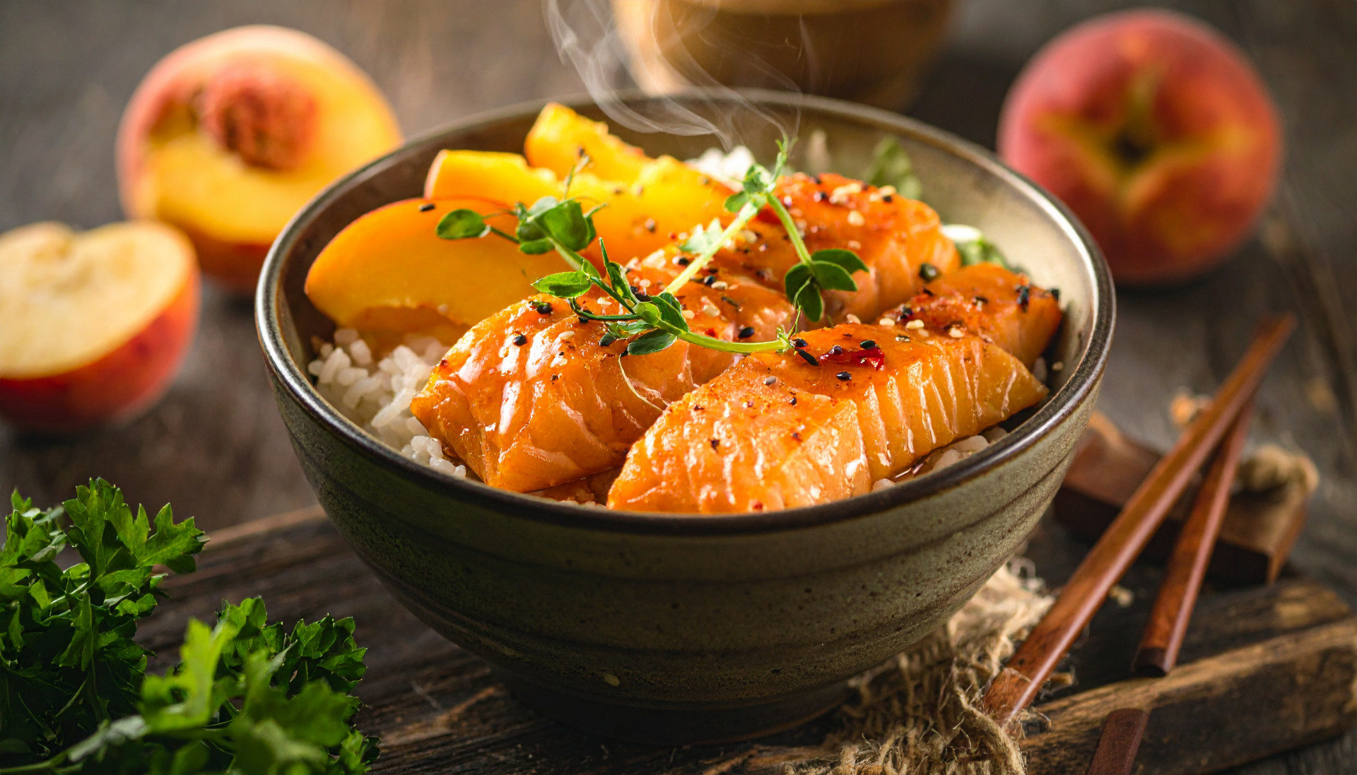 Hot Honey Peach Salmon Bowls