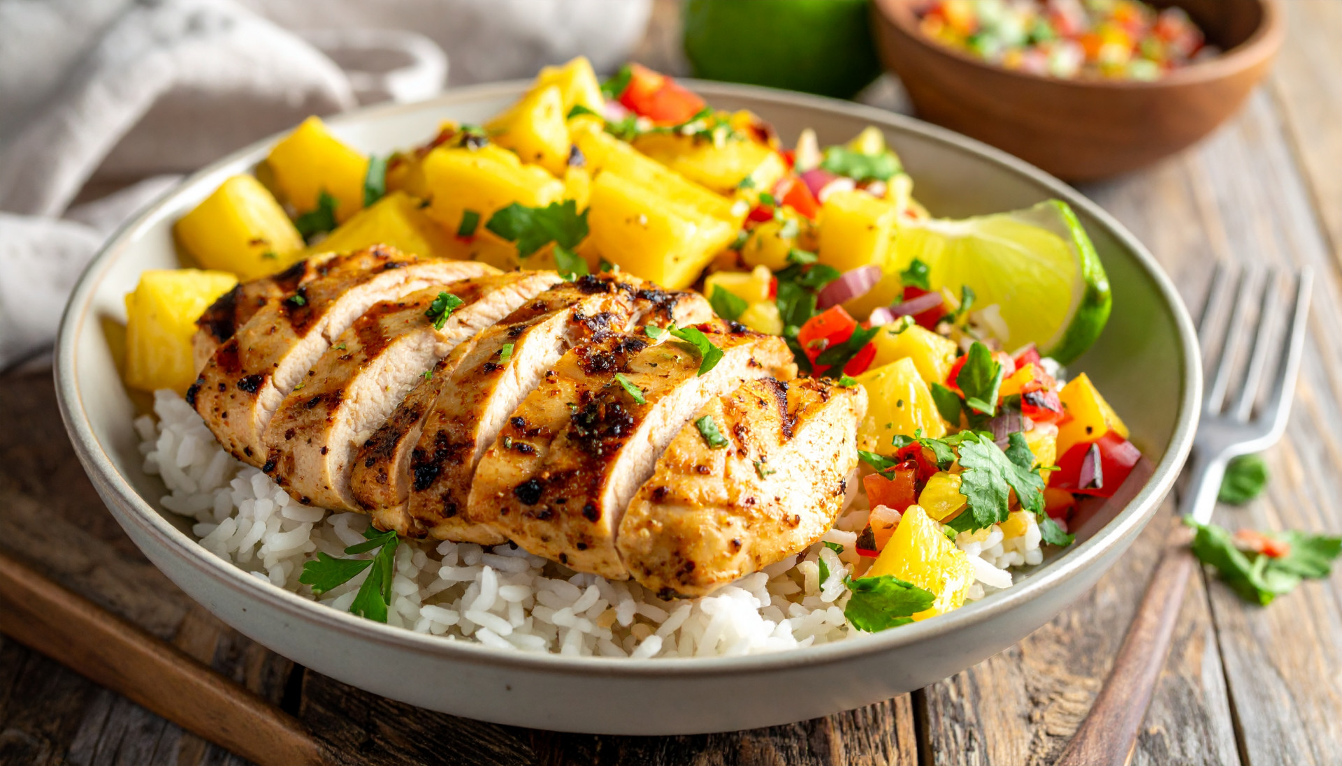 Coconut Lime Chicken Rice Bowls with Pineapple Salsa