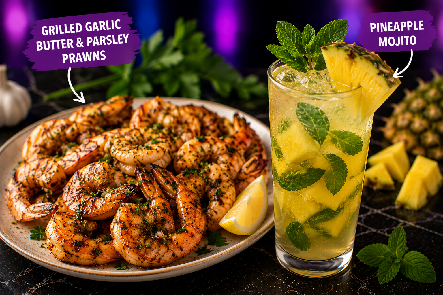 Grilled Garlic Butter and Parsley Prawns paired with a Pineapple Mojito
