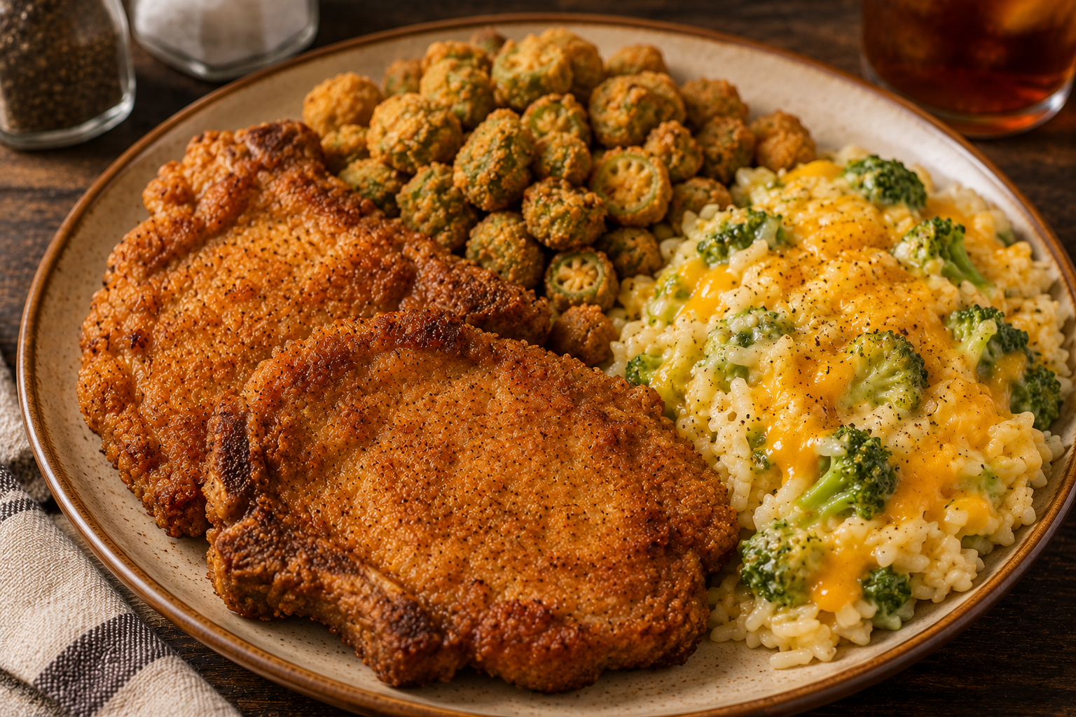 Fried Pork Chops with Fried Okra and Cheesy Broccoli Rice
